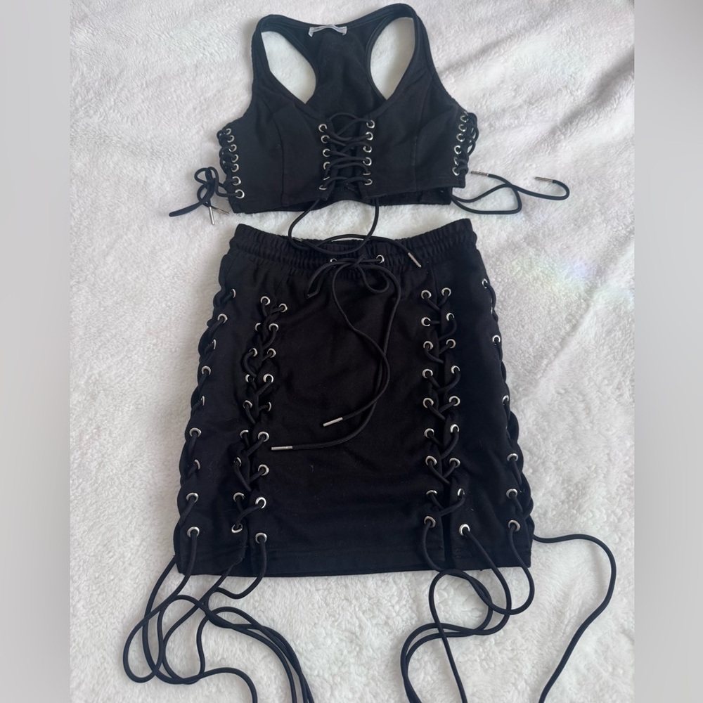 Elegant Black Lace-Up Baddieville Skirt Set